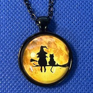 Vintage Little Witch and Cat Riding a Broom Black Tone Pendant Necklace